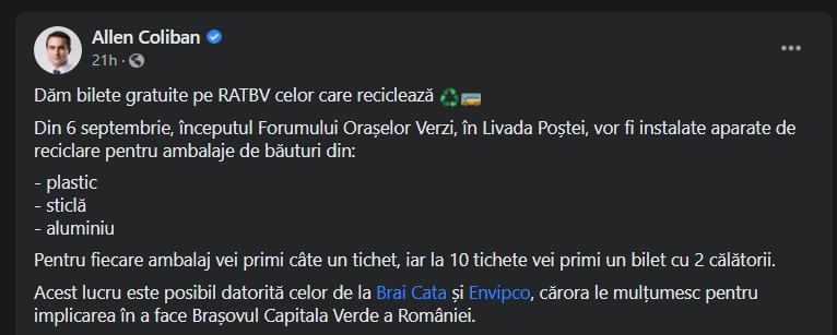 Allen Coliban, primarul Brașovului: „Dăm bilete gratuite pe RATBV celor care reciclează”