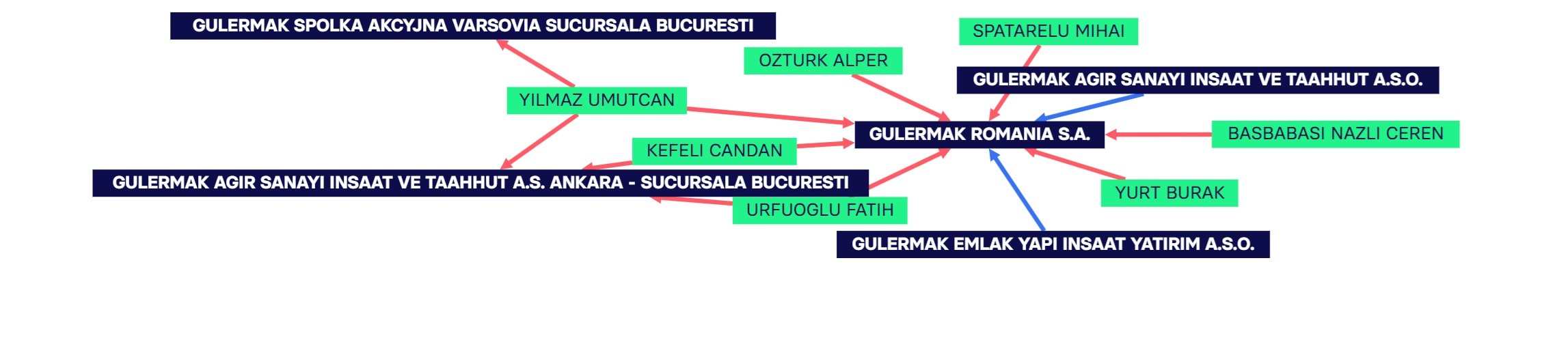 Structura relațională a entităților Gülermak active în România și conexiunile cu structurile din Turcia și Polonia.