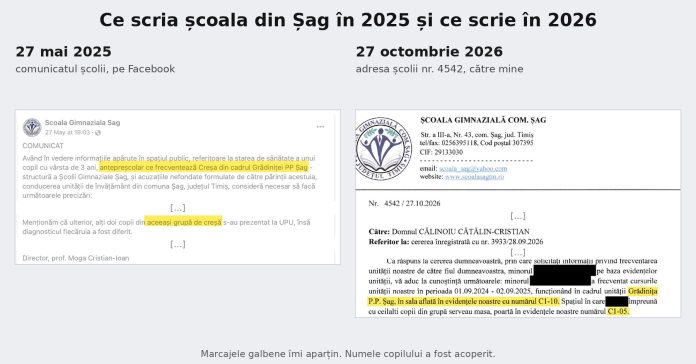 Imagine_ZIN_comunicat_27mai2025_vs_adresa_4542_27oct2026 Comunicatul Școlii Gimnaziale Șag din 27 mai 2025 și adresa școlii nr. 4542 din 27 octombrie 2026, puse alături.